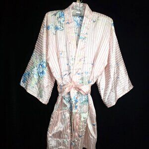 Vintage Marukyo Pink Floral Open‎ Satin Kimono Robe 35"